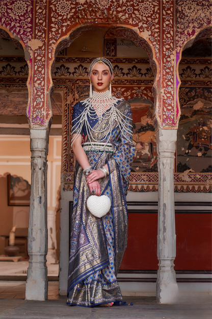 Designer Mercerized Silk Saree with Ajrakh-Batik Fusion and Golden Print