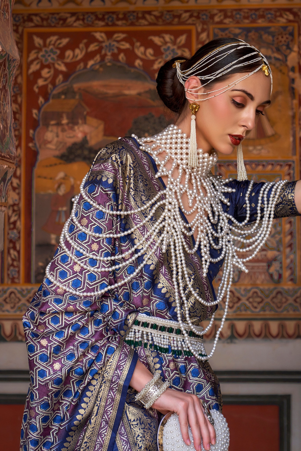 Designer Mercerized Silk Saree with Ajrakh-Batik Fusion and Golden Print