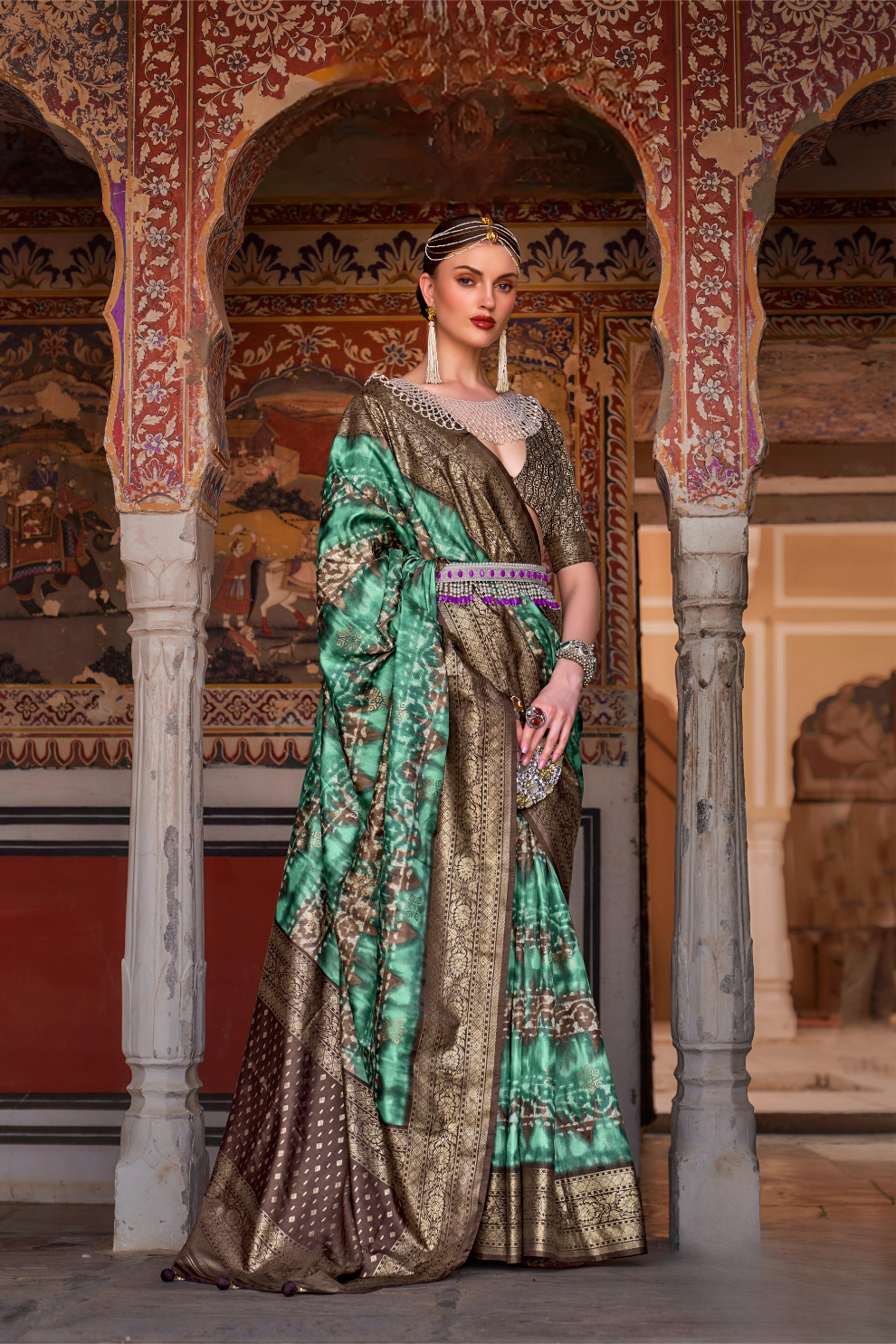 Designer Mercerized Silk Saree with Ajrakh-Batik Fusion and Golden Print