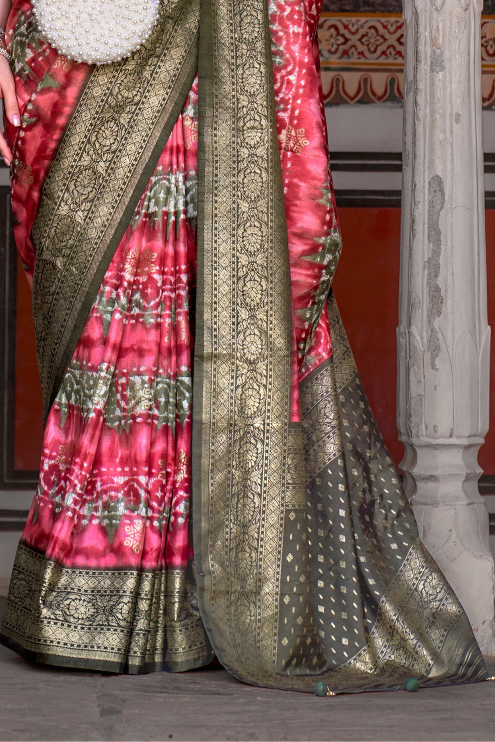 Designer Mercerized Silk Saree with Ajrakh-Batik Fusion and Golden Print