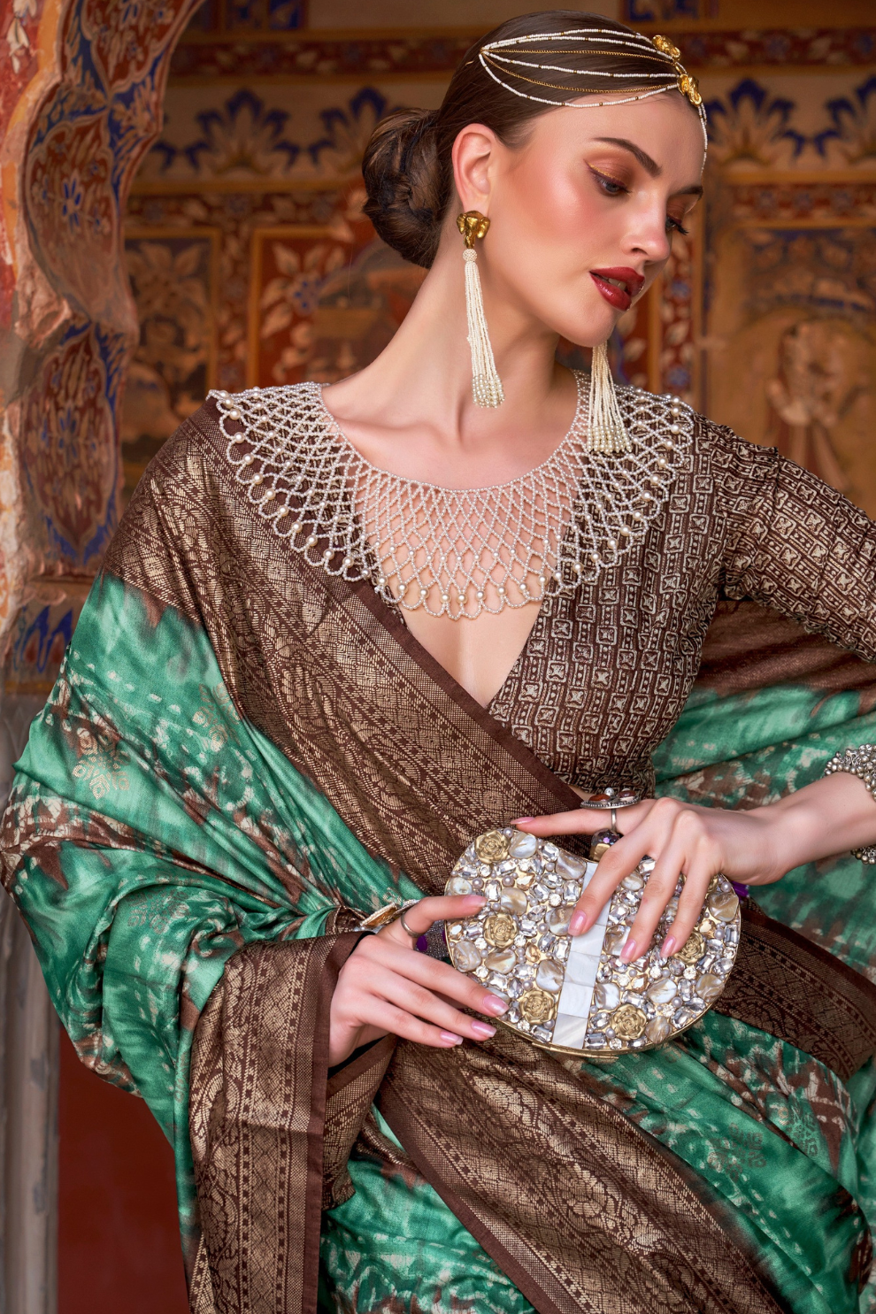 Designer Mercerized Silk Saree with Ajrakh-Batik Fusion and Golden Print