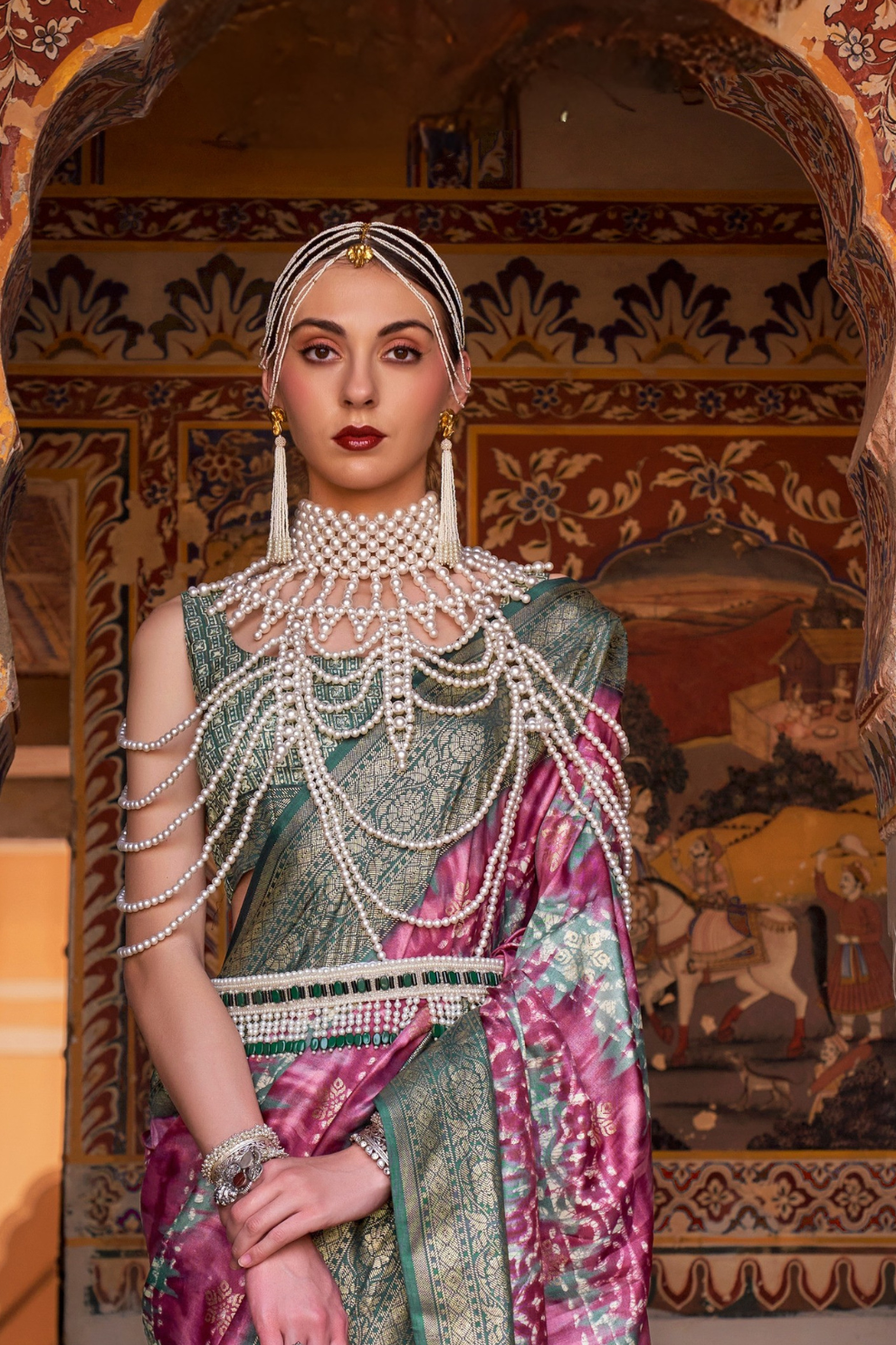 Designer Mercerized Silk Saree with Ajrakh-Batik Fusion and Golden Print