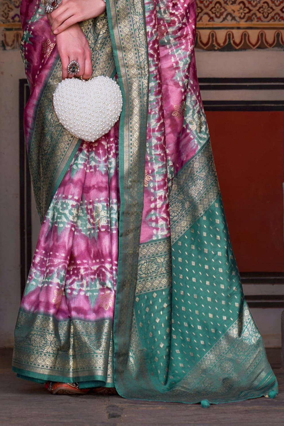 Designer Mercerized Silk Saree with Ajrakh-Batik Fusion and Golden Print