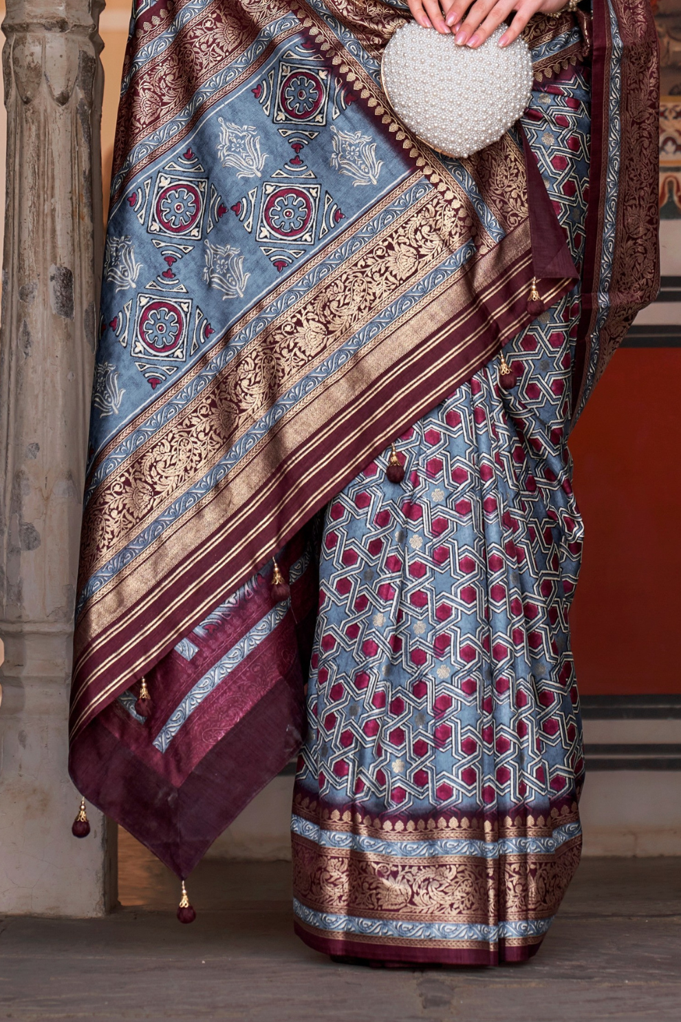Designer Mercerized Silk Saree with Ajrakh-Batik Fusion and Golden Print