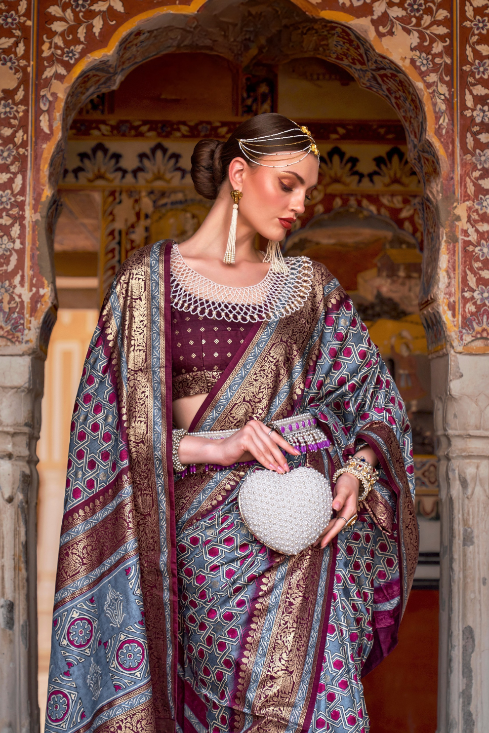 Designer Mercerized Silk Saree with Ajrakh-Batik Fusion and Golden Print