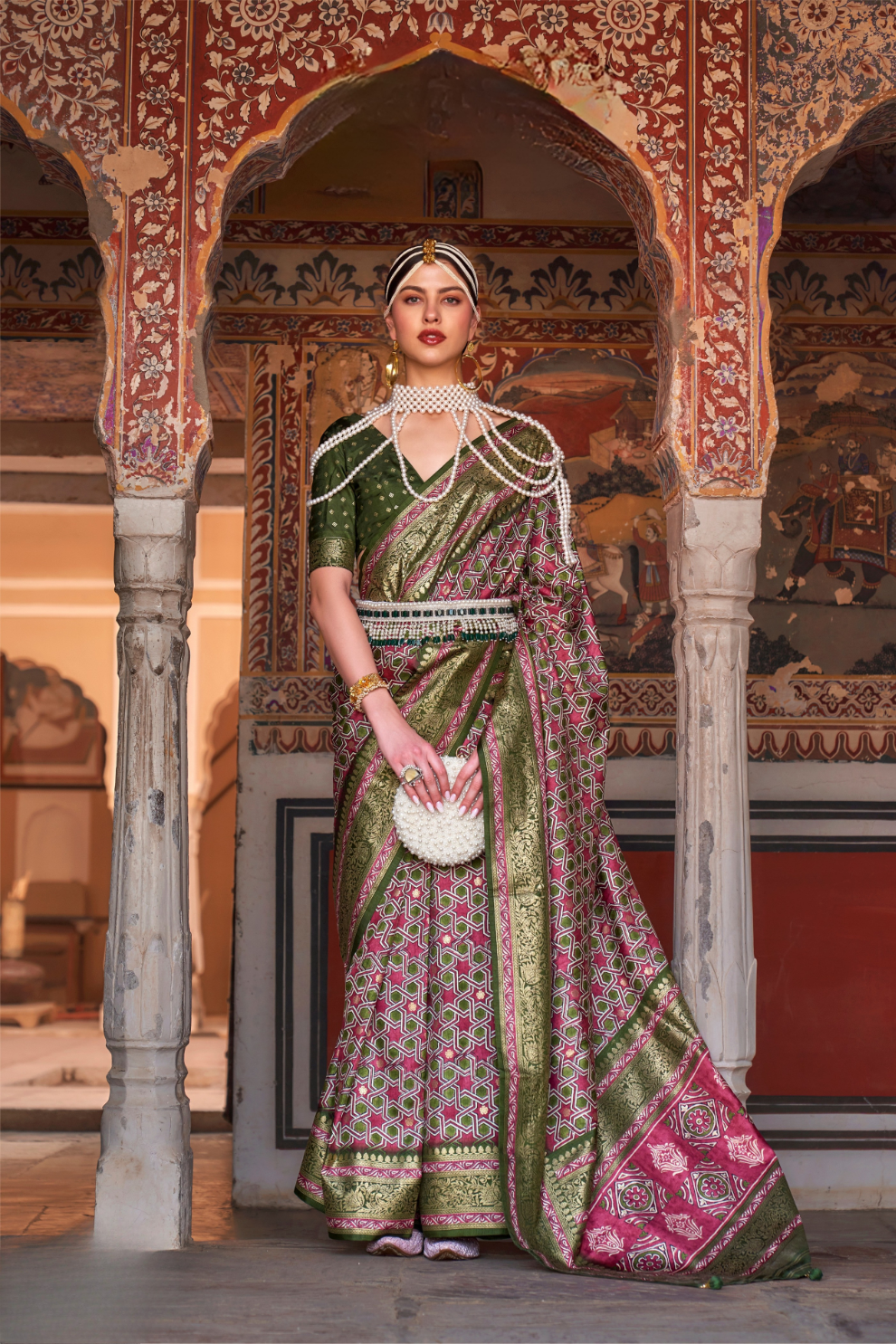 Designer Mercerized Silk Saree with Ajrakh-Batik Fusion and Golden Print