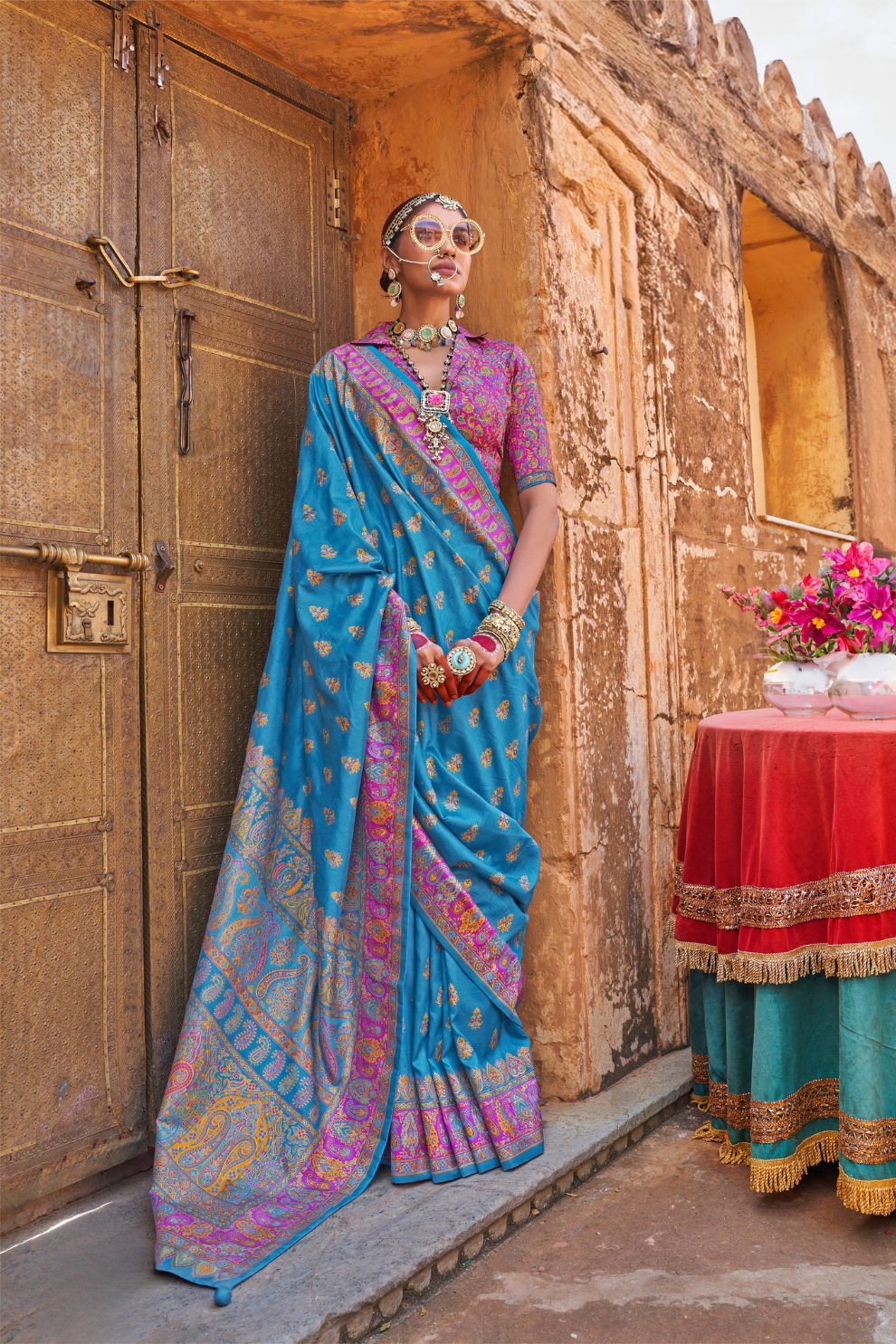 Soft Silk Banarasi Saree with Butta & Pashmina Print