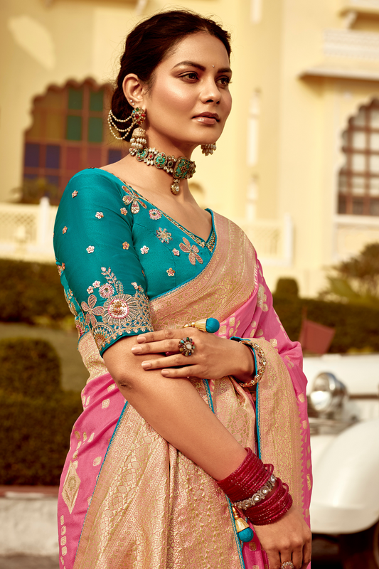 Banarasi Silk Saree with Elegant Contrast Blouse Design