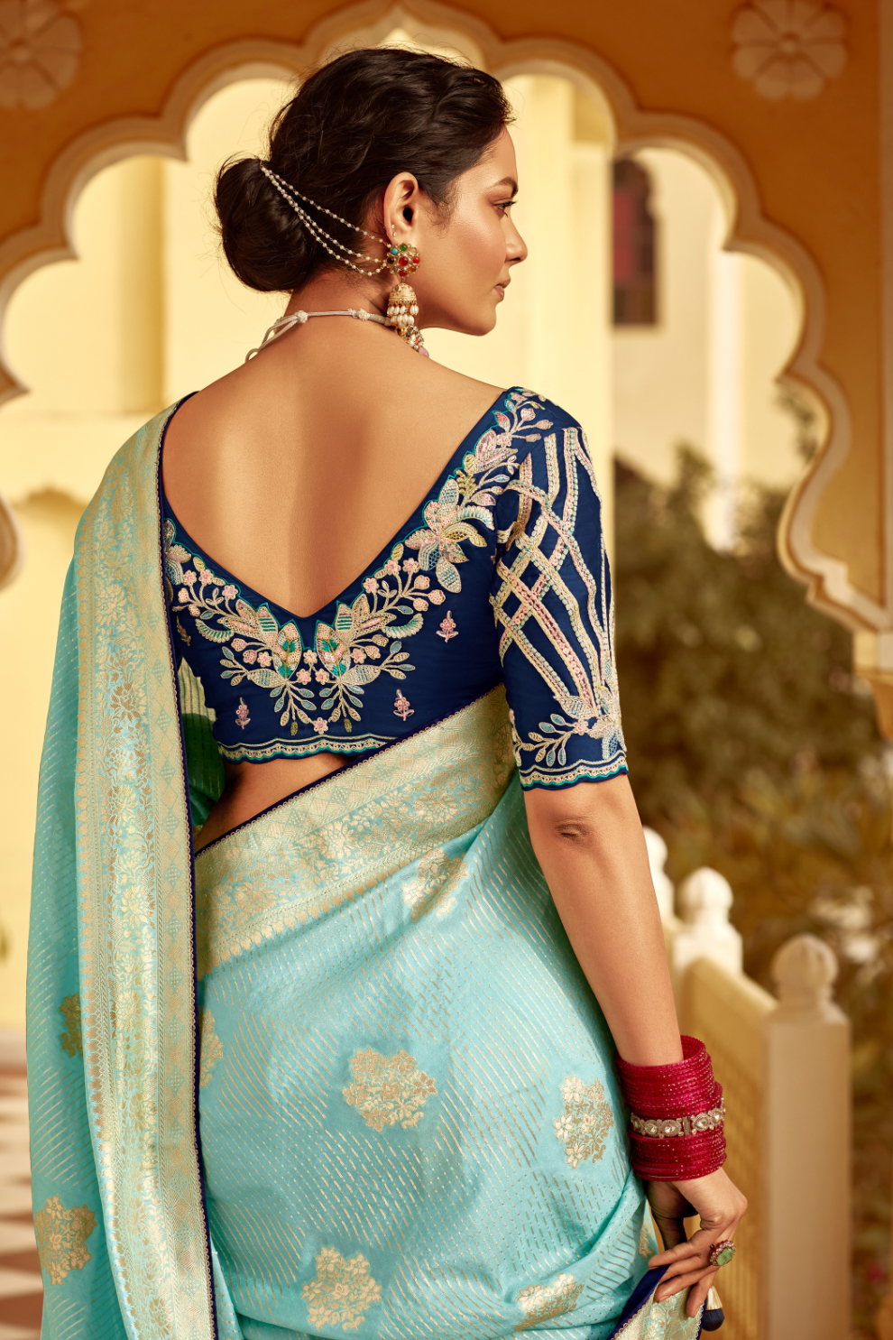 Banarasi Silk Saree with Elegant Contrast Blouse Design