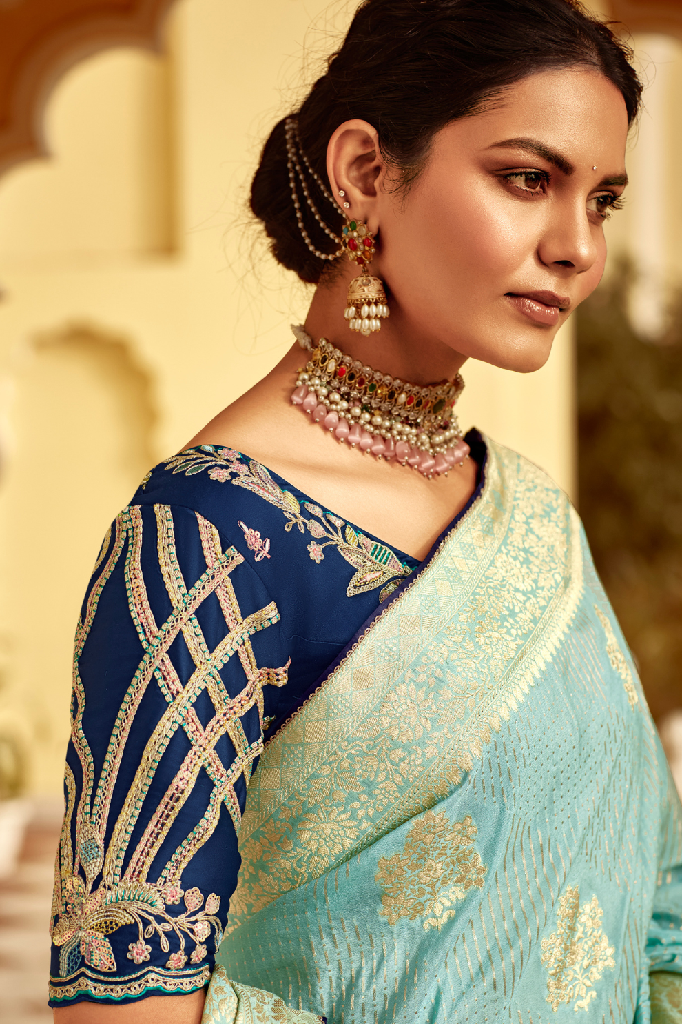 Banarasi Silk Saree with Elegant Contrast Blouse Design