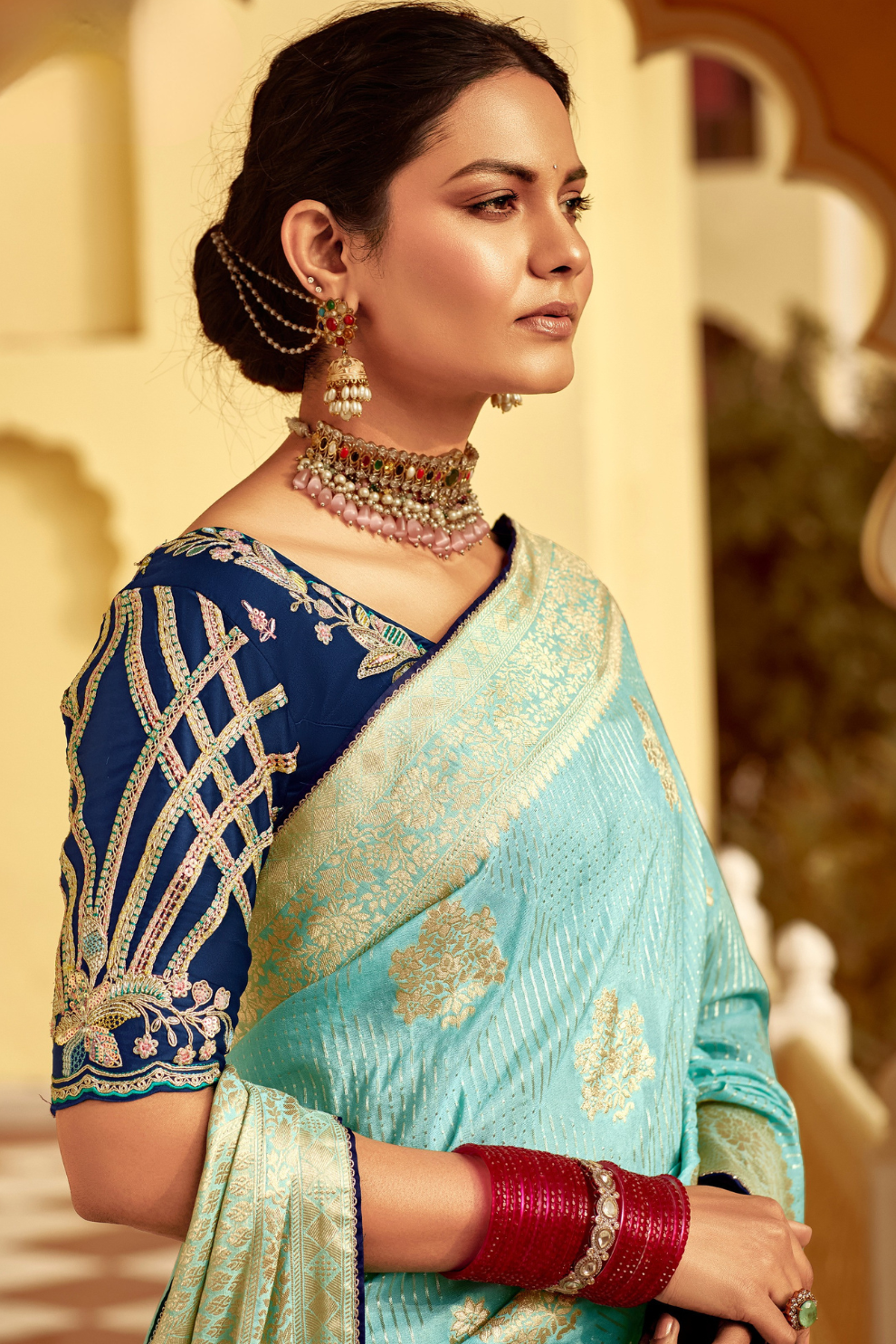 Banarasi Silk Saree with Elegant Contrast Blouse Design