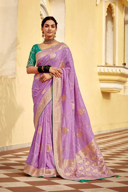 Banarasi Silk Saree with Elegant Contrast Blouse Design