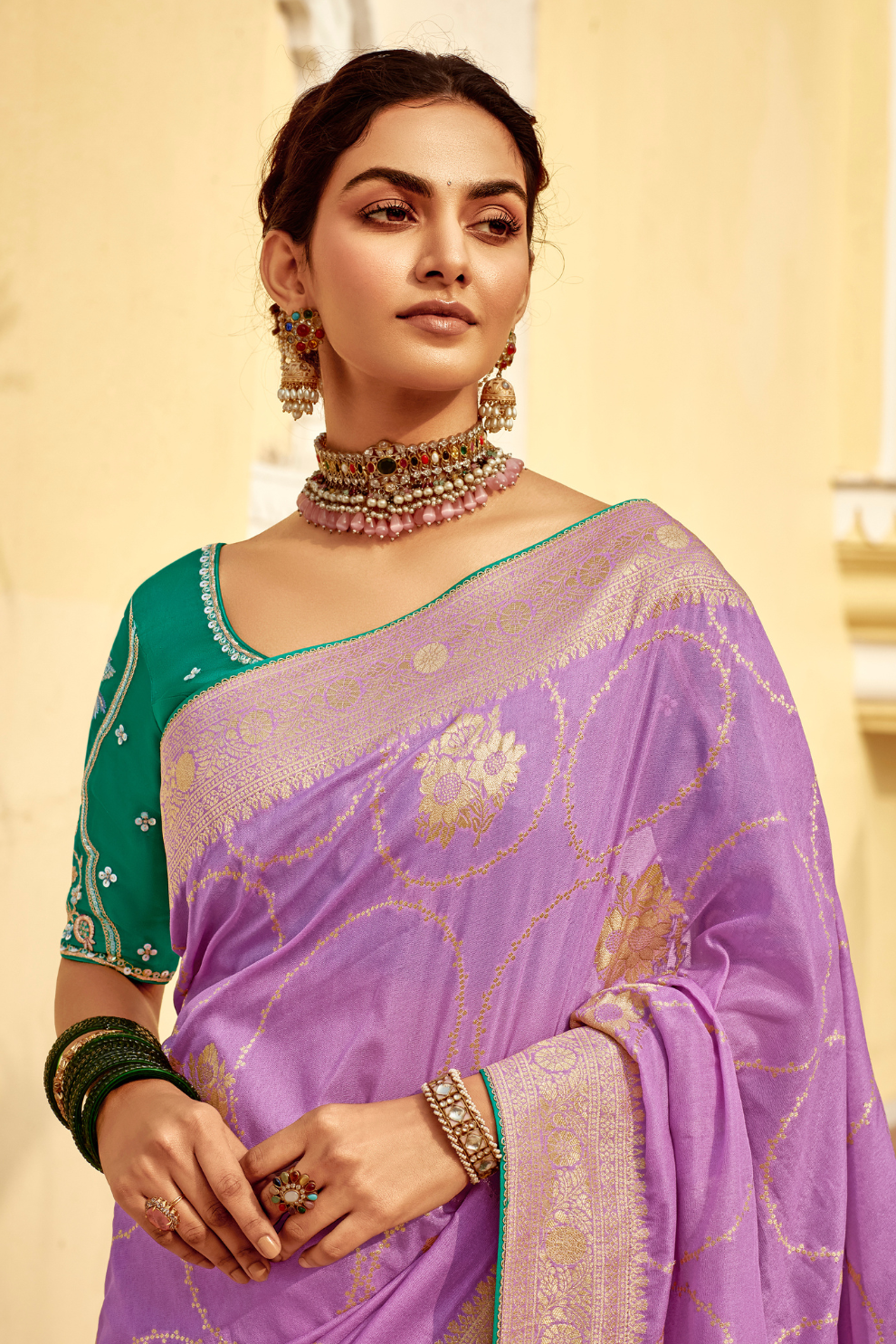 Banarasi Silk Saree with Elegant Contrast Blouse Design