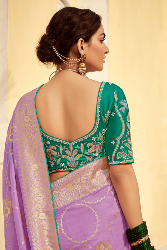 Banarasi Silk Saree with Elegant Contrast Blouse Design