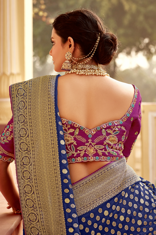 Banarasi Silk Saree with Elegant Contrast Blouse Design