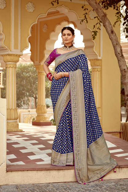 Banarasi Silk Saree with Elegant Contrast Blouse Design