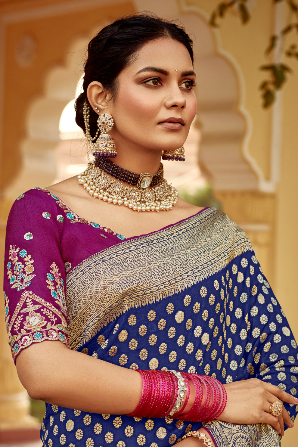 Banarasi Silk Saree with Elegant Contrast Blouse Design