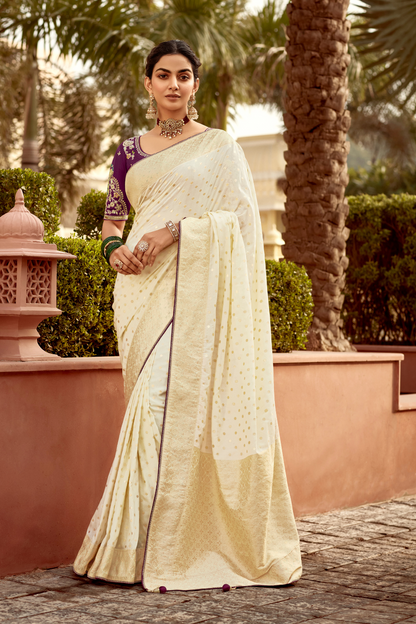 Banarasi Silk Saree with Elegant Contrast Blouse Design