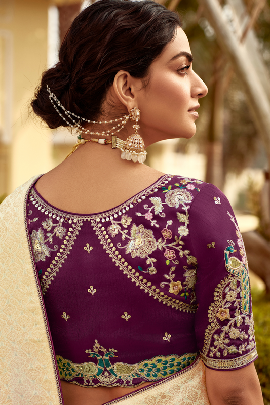 Banarasi Silk Saree with Elegant Contrast Blouse Design