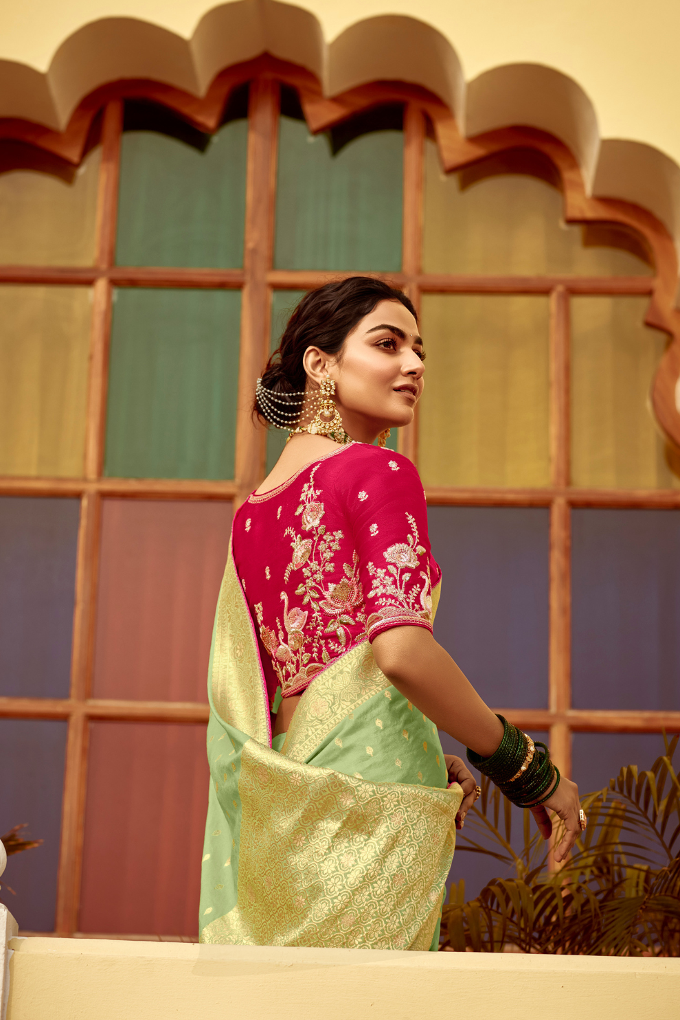 Banarasi Silk Saree with Elegant Contrast Blouse Design