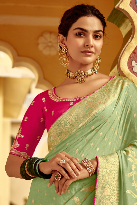 Banarasi Silk Saree with Elegant Contrast Blouse Design