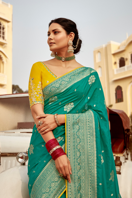 Banarasi Silk Saree with Elegant Contrast Blouse Design