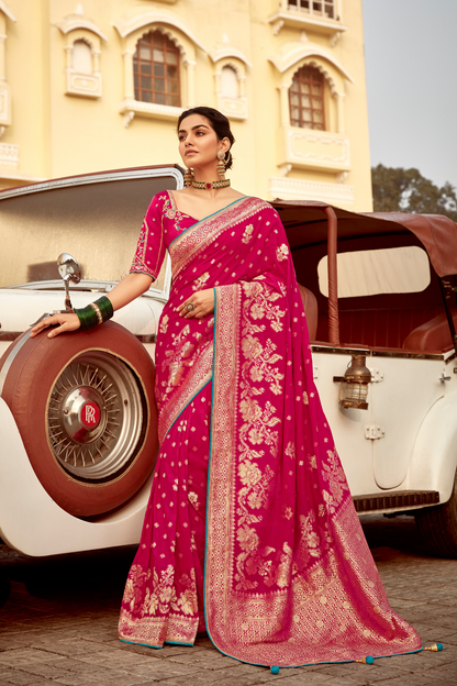 Banarasi Silk Saree with Elegant Contrast Blouse Design