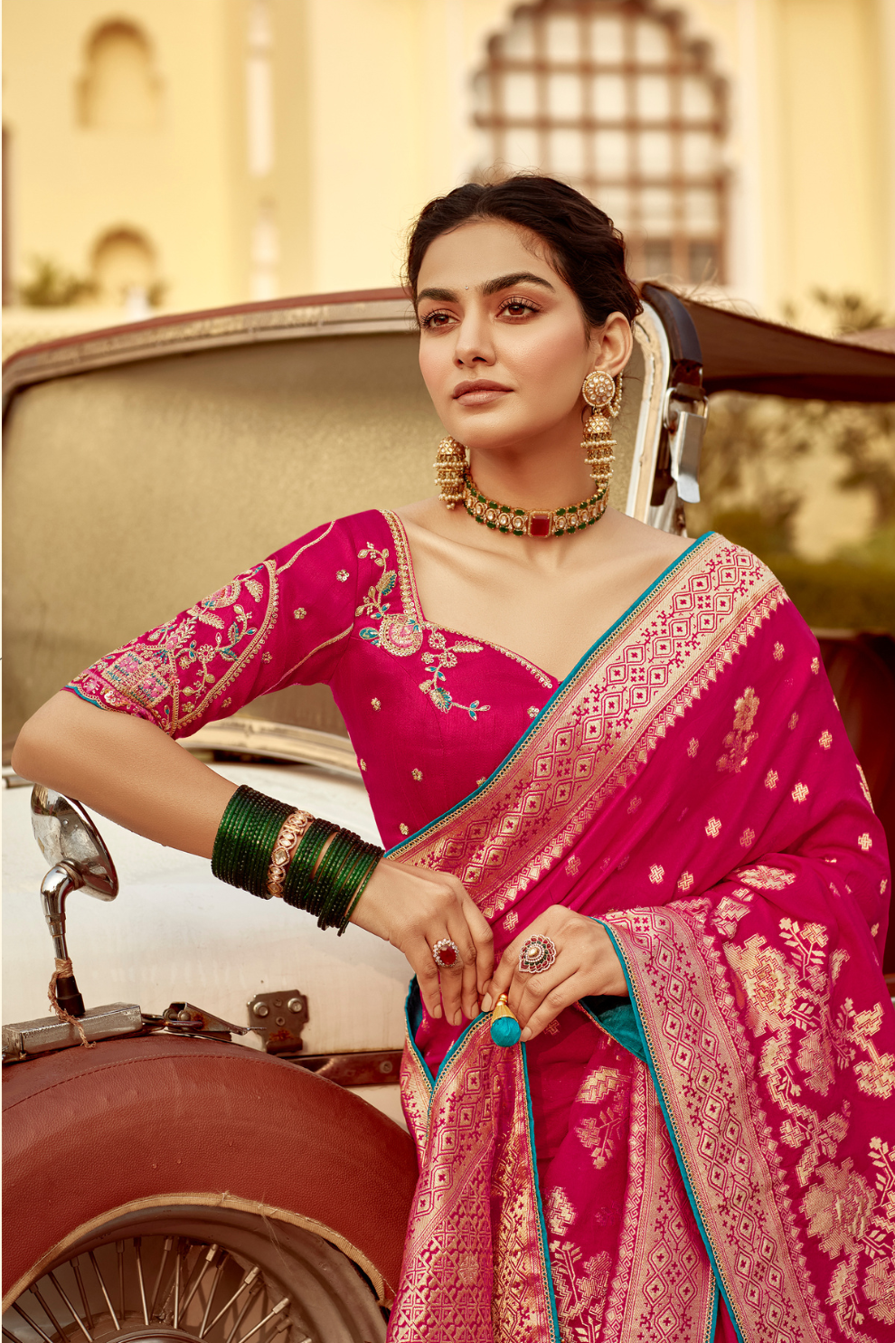 Banarasi Silk Saree with Elegant Contrast Blouse Design