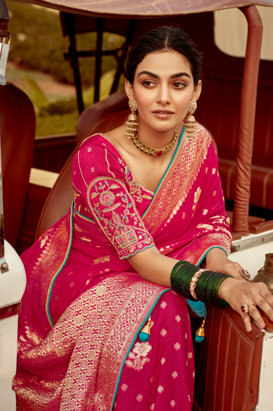 Banarasi Silk Saree with Elegant Contrast Blouse Design