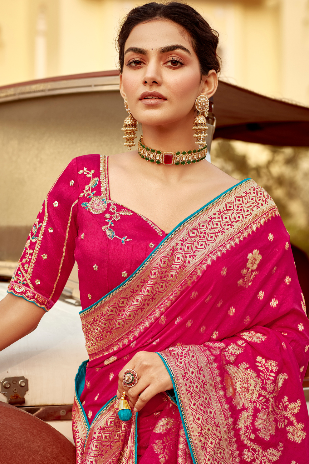 Banarasi Silk Saree with Elegant Contrast Blouse Design