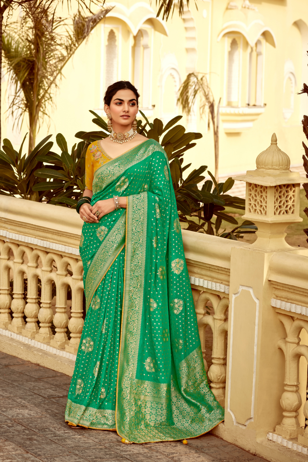 Banarasi Silk Saree with Elegant Contrast Blouse Design