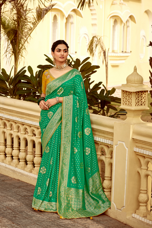 Banarasi Silk Saree with Elegant Contrast Blouse Design