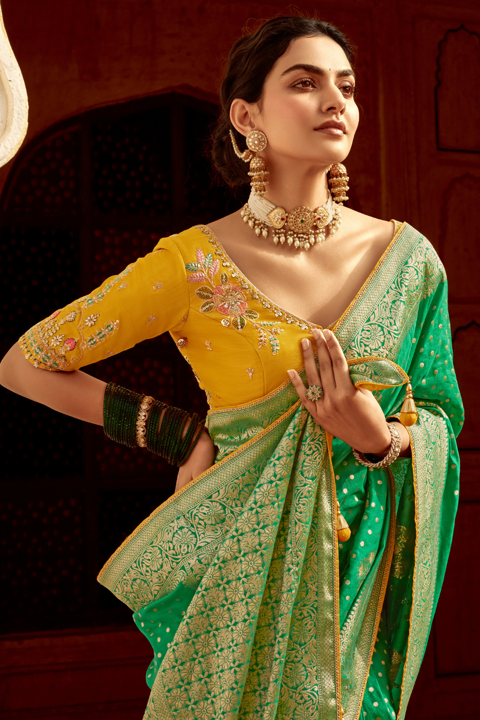 Banarasi Silk Saree with Elegant Contrast Blouse Design