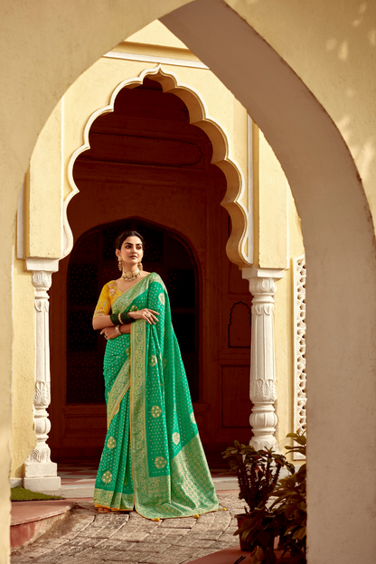 Banarasi Silk Saree with Elegant Contrast Blouse Design