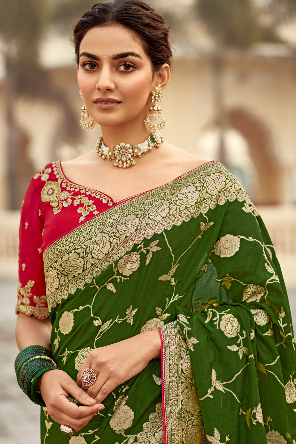 Banarasi Silk Saree with Elegant Contrast Blouse Design