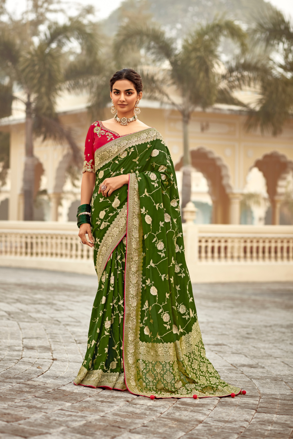 Banarasi Silk Saree with Elegant Contrast Blouse Design