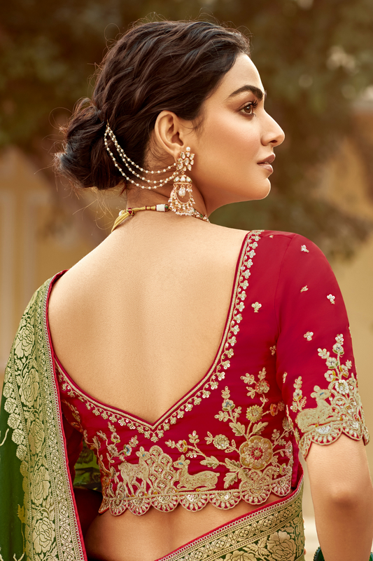 Banarasi Silk Saree with Elegant Contrast Blouse Design