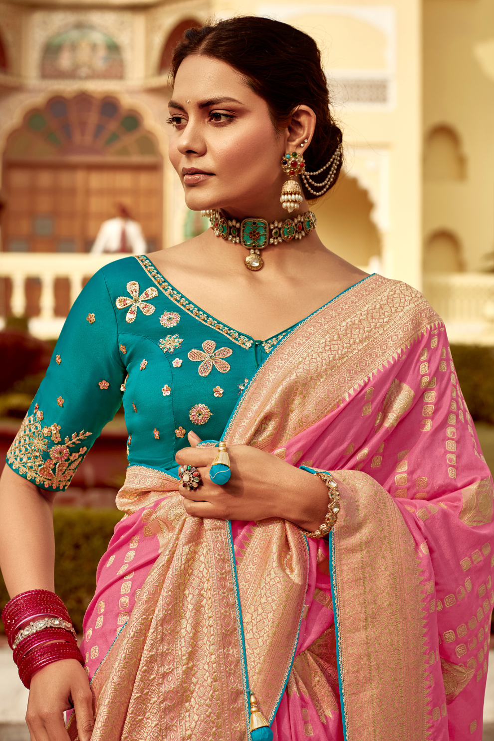 Banarasi Silk Saree with Elegant Contrast Blouse Design