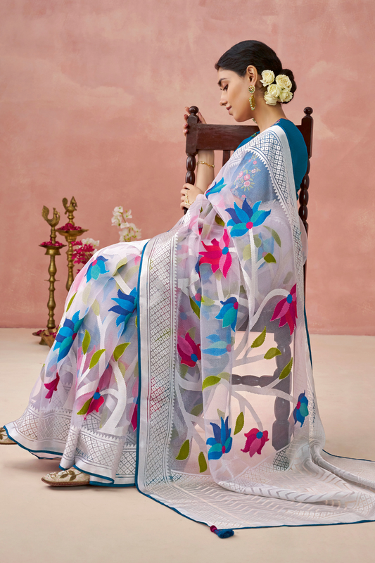 Brasso Teal Printed Saree for Elegant Festive Wear