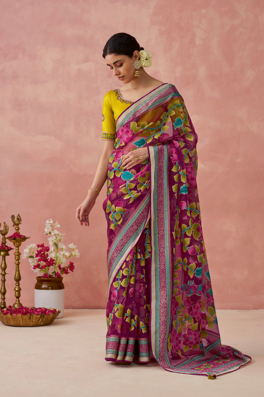 Brasso Teal Printed Saree for Elegant Festive Wear
