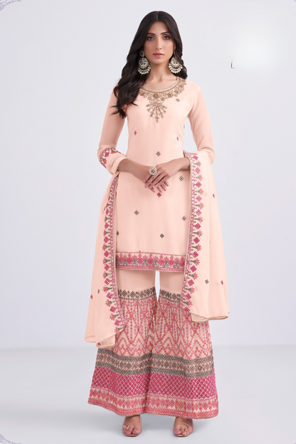 Elegant Peach Thread Embroidered Sharara Suit in Georgette