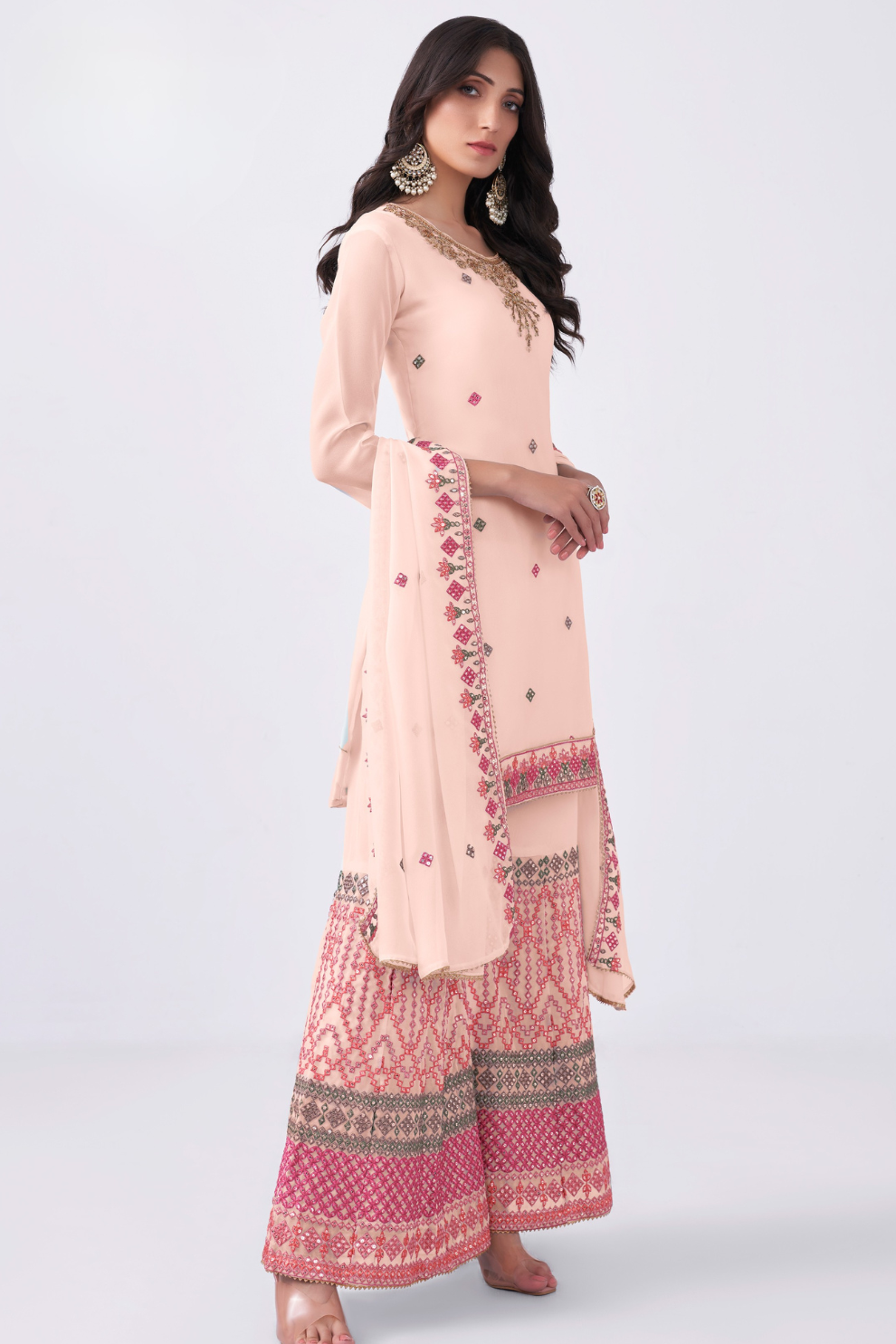 Elegant Peach Thread Embroidered Sharara Suit in Georgette