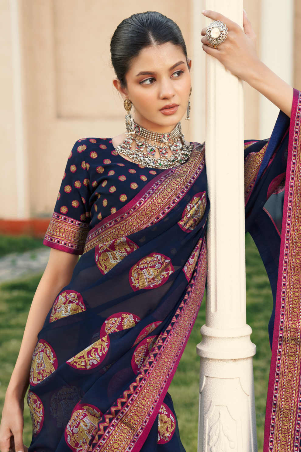 Polyester Viscose Georgette Saree With Luxuriously Soft Varnish Touch