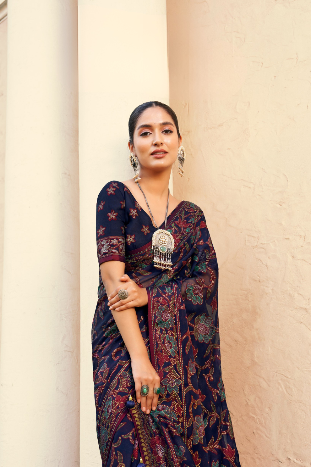 Polyester Viscose Georgette Saree With Luxuriously Soft Varnish Touch