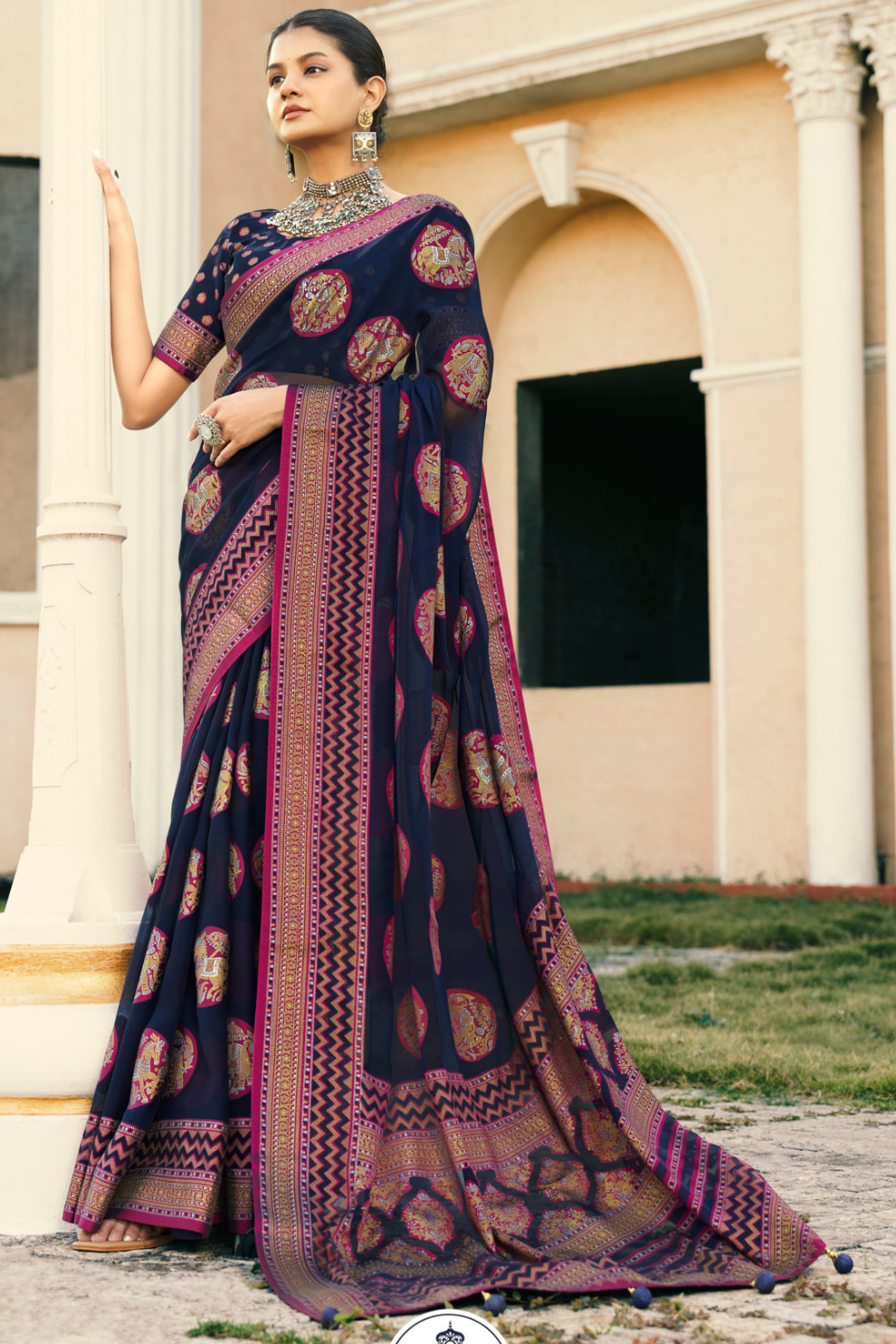 Polyester Viscose Georgette Saree With Luxuriously Soft Varnish Touch
