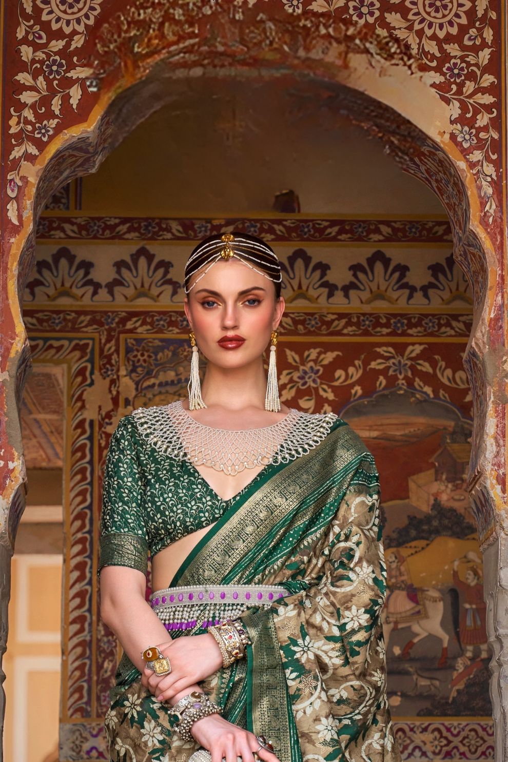 Designer Mercerized Silk Saree with Ajrakh-Batik Fusion and Golden Print