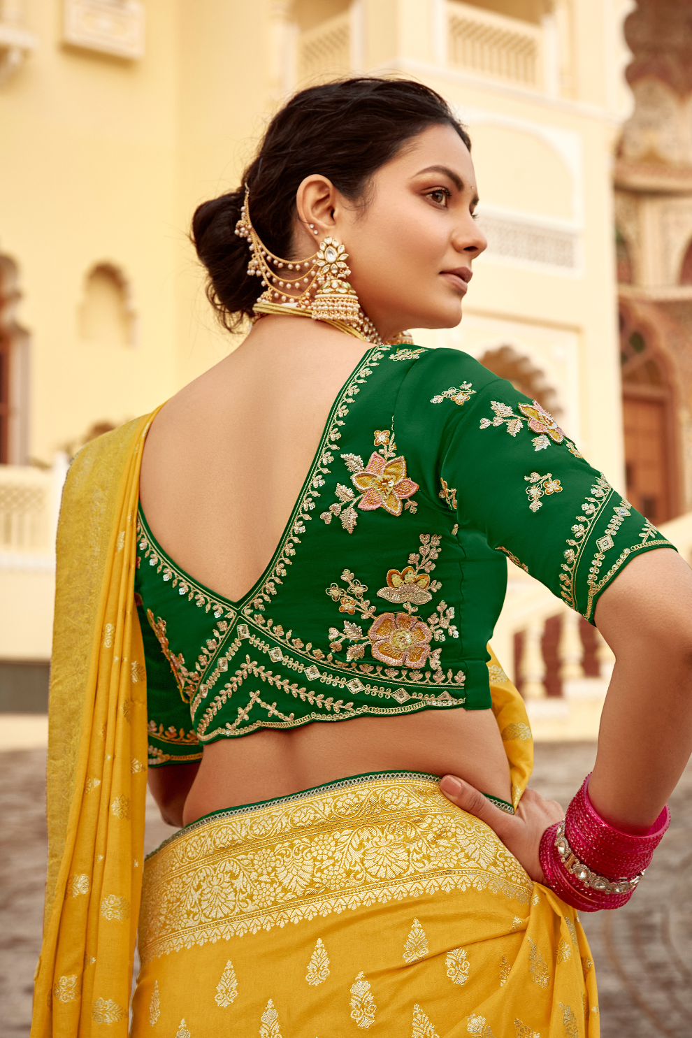 Banarasi Silk Saree with Elegant Contrast Blouse Design