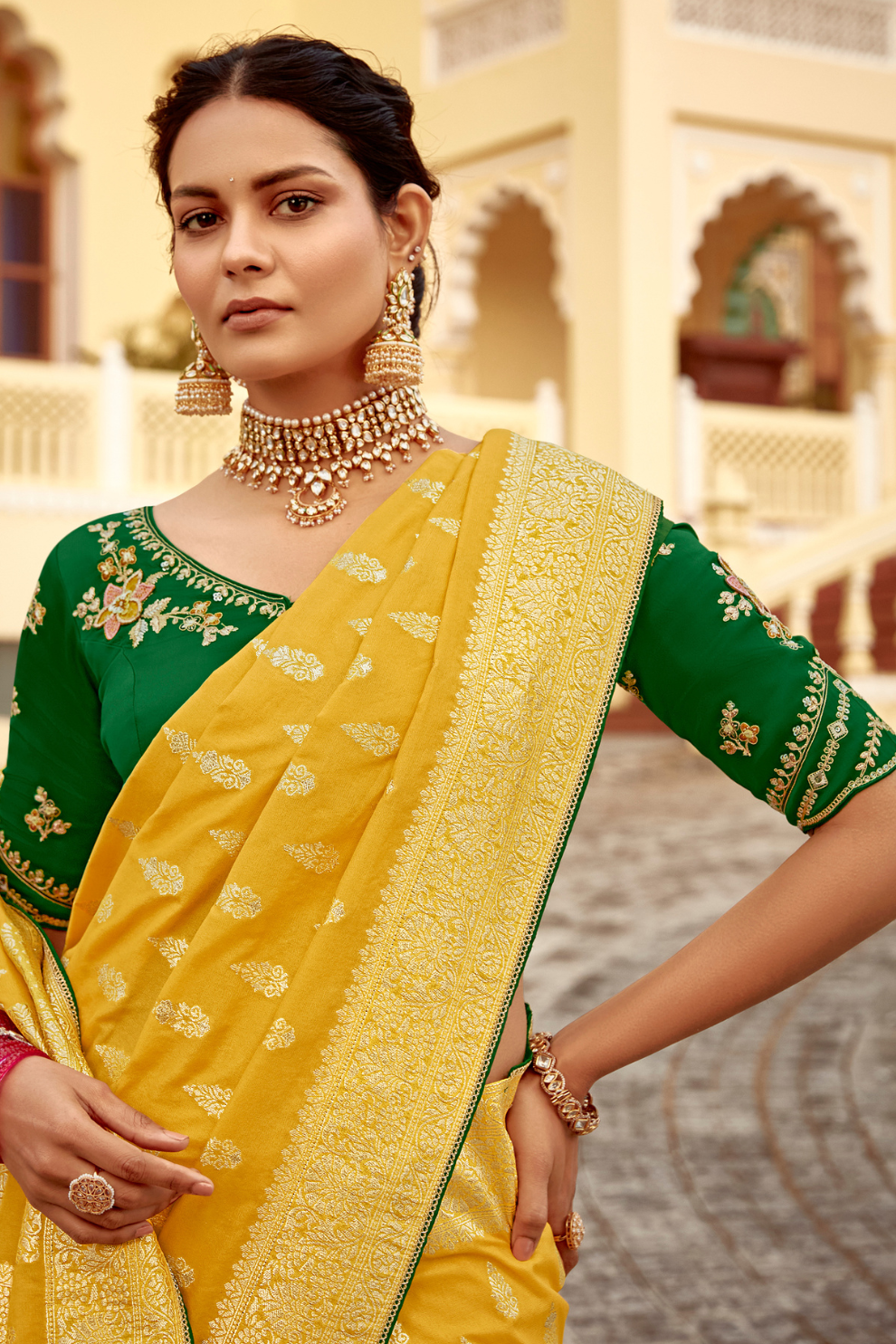 Banarasi Silk Saree with Elegant Contrast Blouse Design