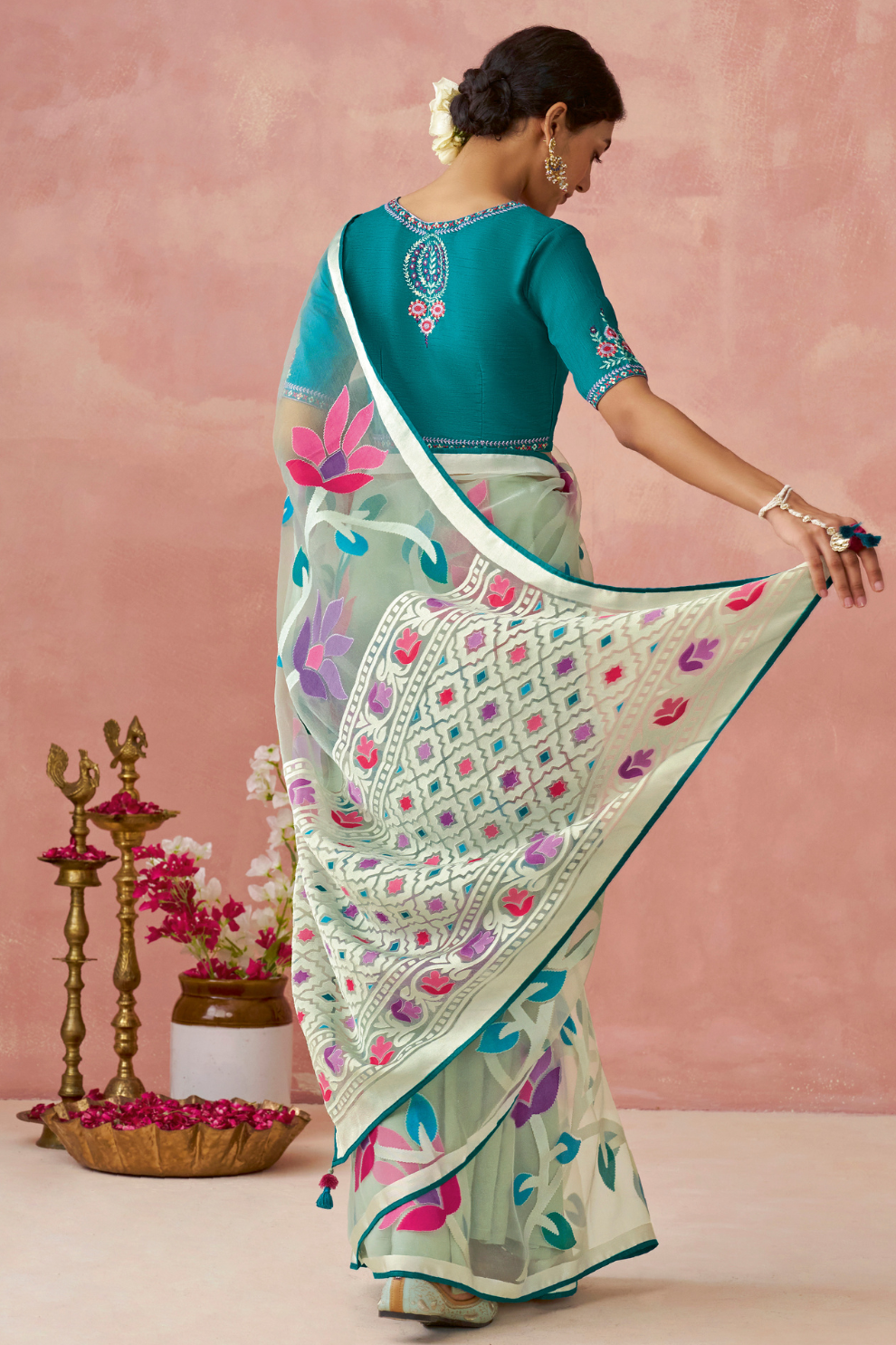 Brasso Teal Printed Saree for Elegant Festive Wear