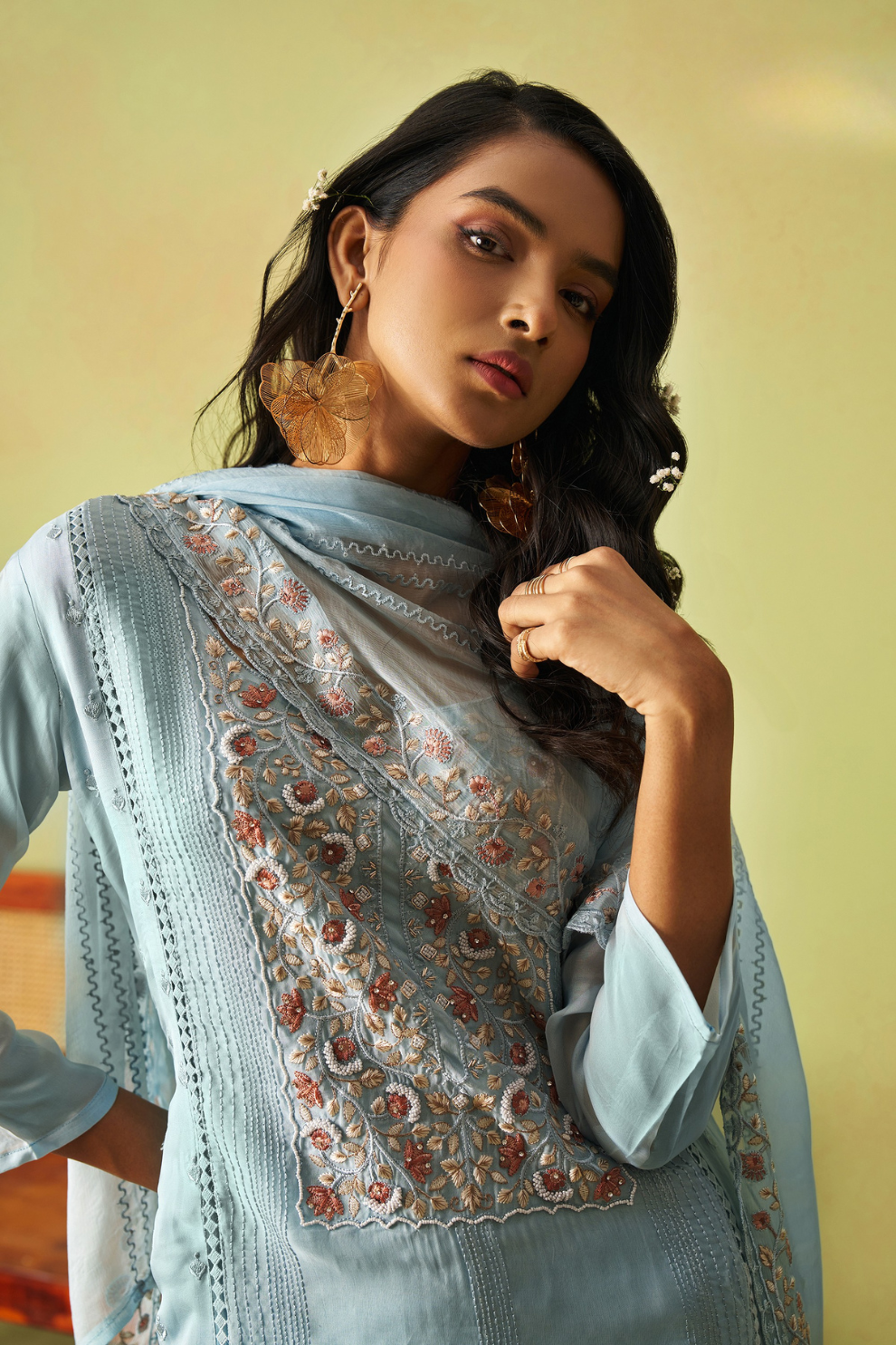 Traditional Indian Style Sky Blue Pant Suit with Embroidery